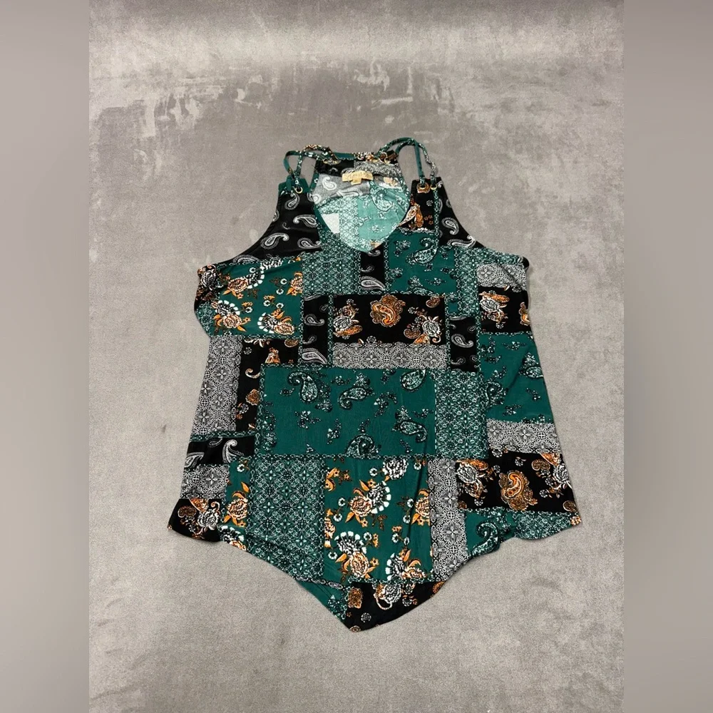 Lavish Green Black Patchwork paisley print handkerchief hem cami Tank Top XL - Picture 1 of 8